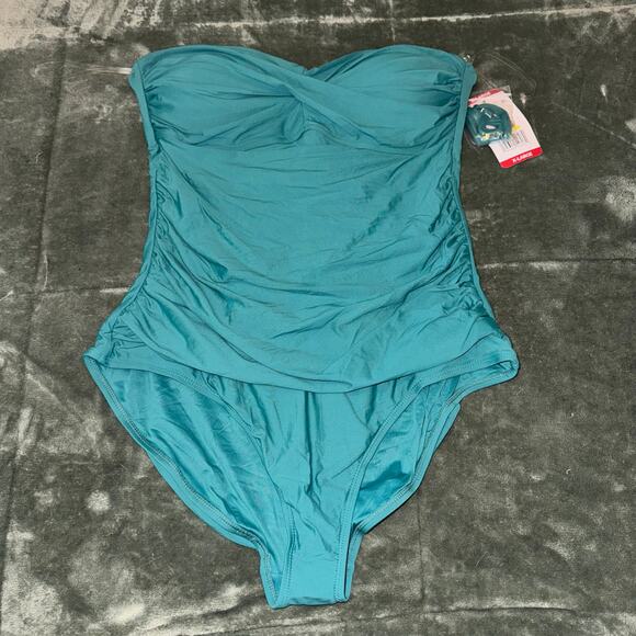 Anne Cole Twist Front Shirred One-Piece Swimsuit Ocean Green Women's Size XL NWT - Picture 1 of 6